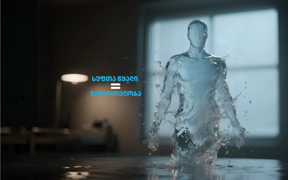 წყლის ფილტრი ჯანმრთელობისთვის - წყლით შექმნილი ადამიანის სხეულის ვიზუალური კონცეფცია, რომელიც ხაზს უსვამს სუფთა წყლის მნიშვნელობას ტვინის, ფილტვებისა და სისხლის ჯანმრთელობისთვის