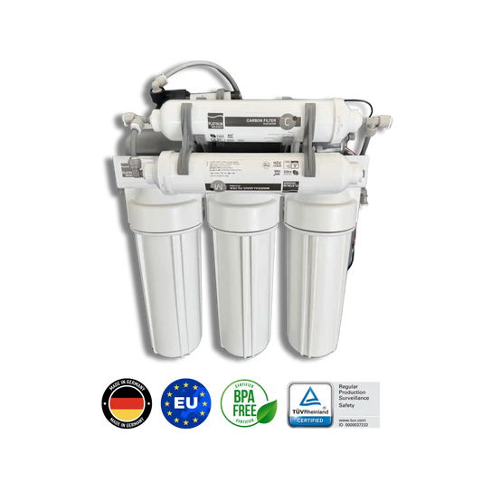 Platinum Wasser Ultra 6 RO უკუოსმოსის 6 საფეხურიანი წყლის ფილტრაციის სისტემა, ელექტროძრავიანი ტუმბოთით და ავზით, გერმანული წარმოება