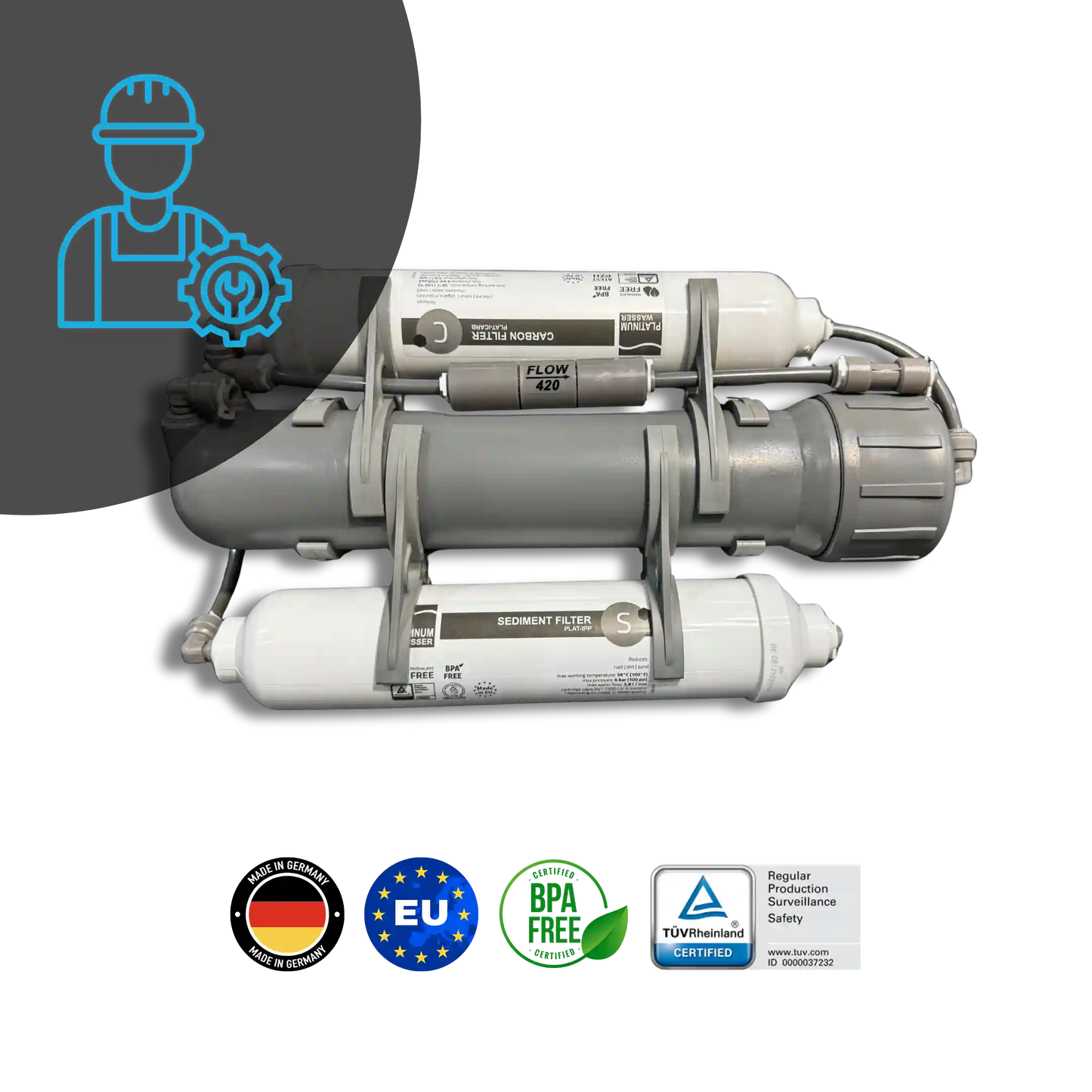 გერმანული Platinum Wasser Ultra 3 RO სისტემა TÜV და ISO სერტიფიკატებით, მაღალი ხარისხის ფილტრაცია ბაქტერიებისა და მძიმე მეტალების გარეშე