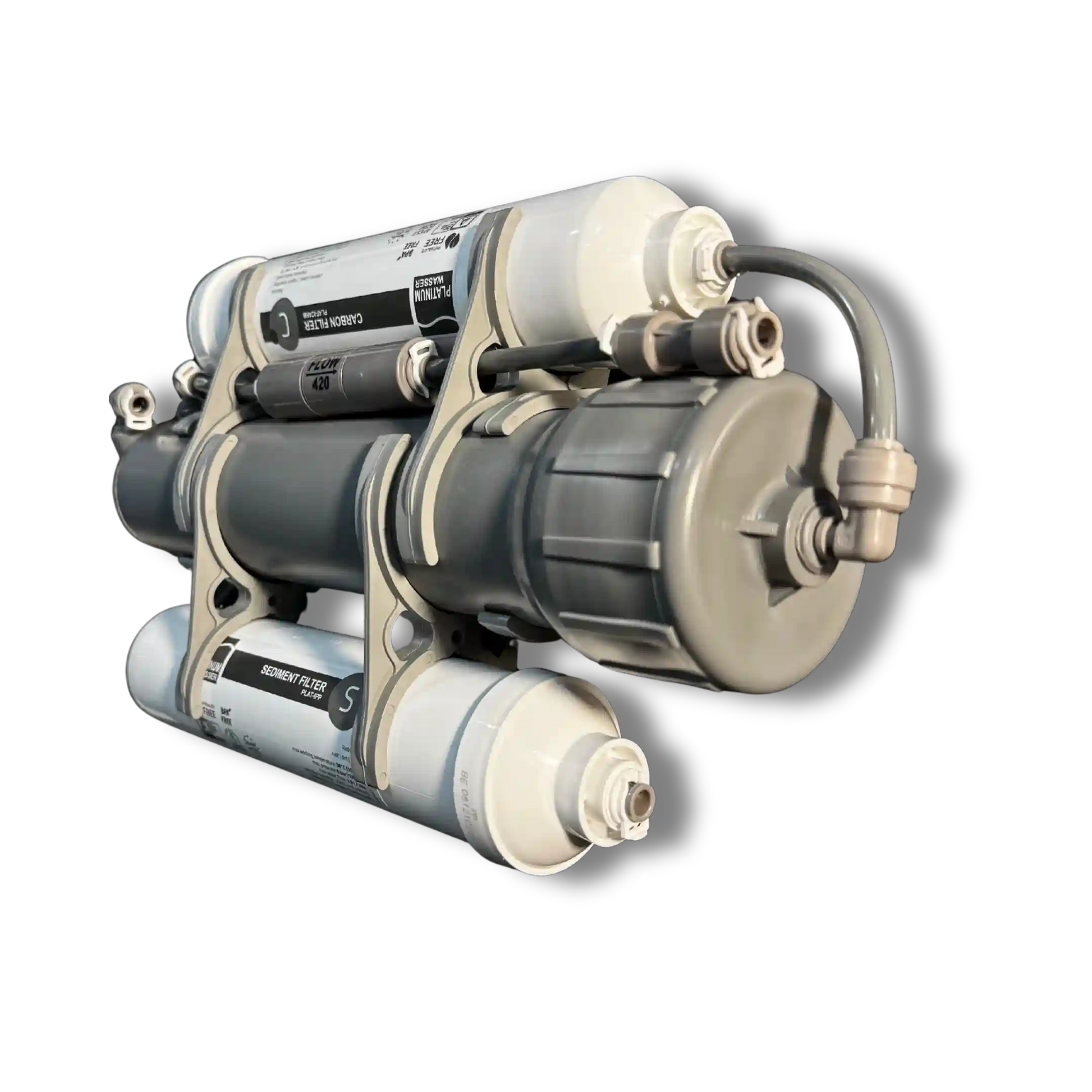 Platinum Wasser Ultra 3 RO სამ საფეხურიანი RO ფილტრაცია: პოლიპროპილენის მექანიკური ფილტრი, გრანულირებული აქტივირებული ნახშირი და 75 GPD უკუოსმოსის მემბრანა