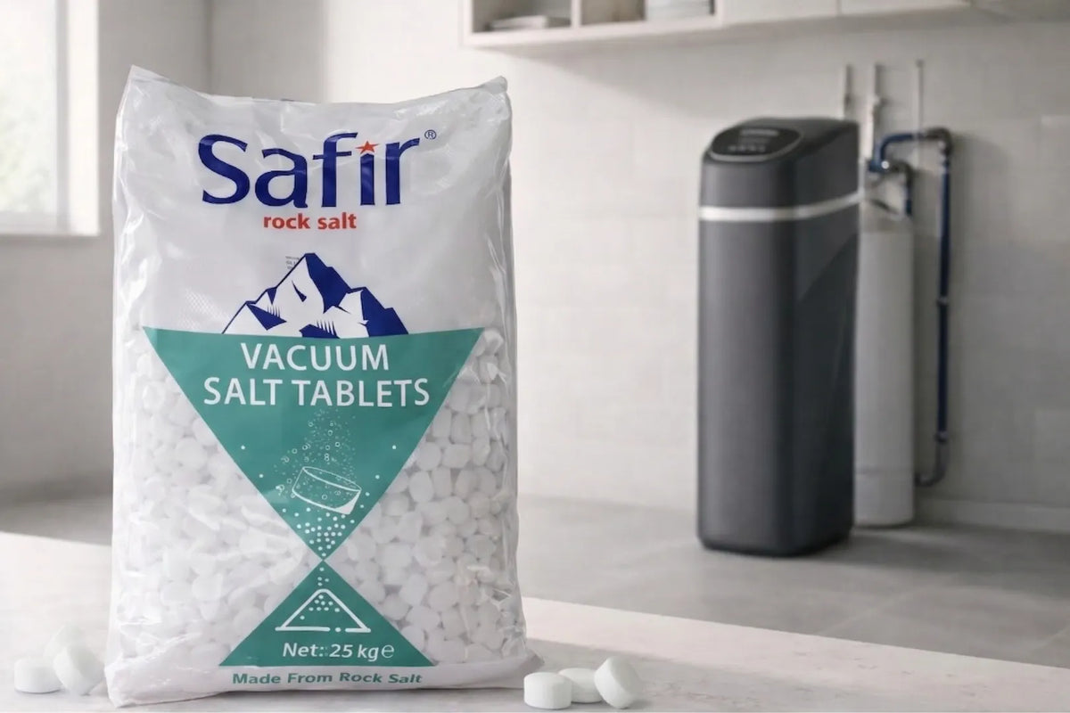 Safir Vacuum Salt Tablets ტაბლეტირებული ტექნიკური მარილი წყლის დამარბილებლისთვის და შავი წყლის დამარბილებელი სისტემის ფონური ხედი
