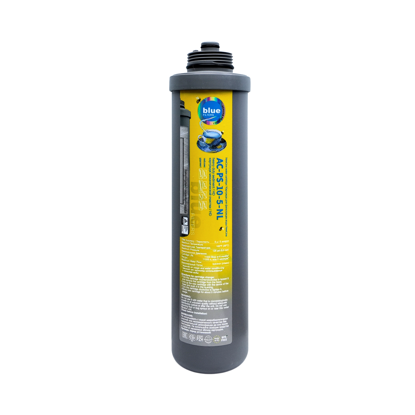 Bluefilters მძიმე ნადების 5 მიკრონის წყლის ფილტრი NewLine ტექნოლოგიით, რომელიც ეფექტურად აშორებს ქვიშას, ჟანგს და სხვა მყარ მინარევებს (AC-PS-10-5-NL)
