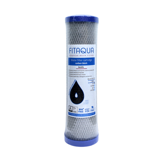 FITaqua დაპრესილი ნახშირის ბლოკის წყლის ფილტრი, რომელიც ეფექტურად აშორებს ქლორს, მექანიკურ და ორგანულ მინარევებს, ტყვიას და სხვა ტოქსიკურ მძიმე მეტალებს (AC-CTO-10)