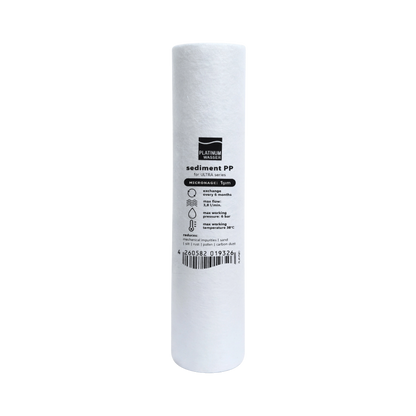 Platinum Wasser პოლიპროპილენის 1 მიკრონის წყლის ფილტრი, რომელიც ეფექტურად აშორებს ქვიშას, ჟანგს, ტალახს, მექანიკურ მინარევებს და იცავს შემდგომი ფილტრაციის საფეხურებს (PLAT-PSED)